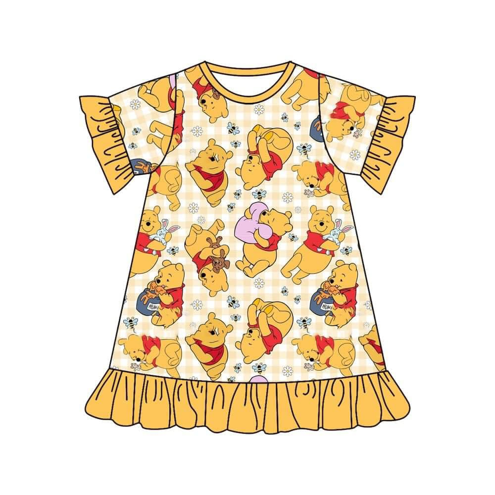 Deadline September 19 custom no moq eta 6-8weeks Yellow Bee Bear Plaid Ruffle Lace Skirt Short Sleeve Dress