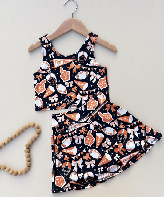 RTS NO MOQ Sibling baby girl clothes football flared orange bow pattern sleeveless skirt yoga set
