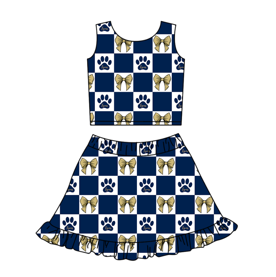 Custom moq 3 or 5 mix size milk silk summer teams baby girl clothes bow blue sleeveless skirts sets