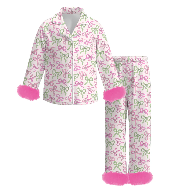 Custom moq 5 each style eta 6-7weeks Christmas bow baby girl long sleeve pant sets and adult sets