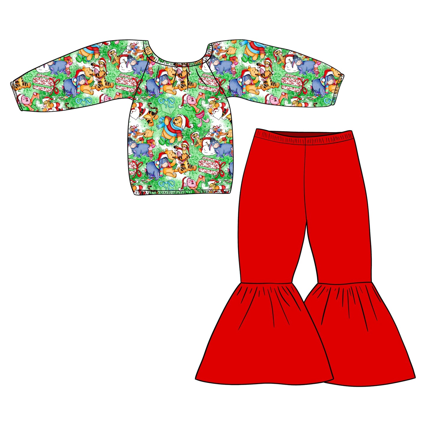 Deadline October 18 custom no moq eta 6-8weeks Green long-sleeved top with scarf, bee, bear and tiger pattern & red flared pants set