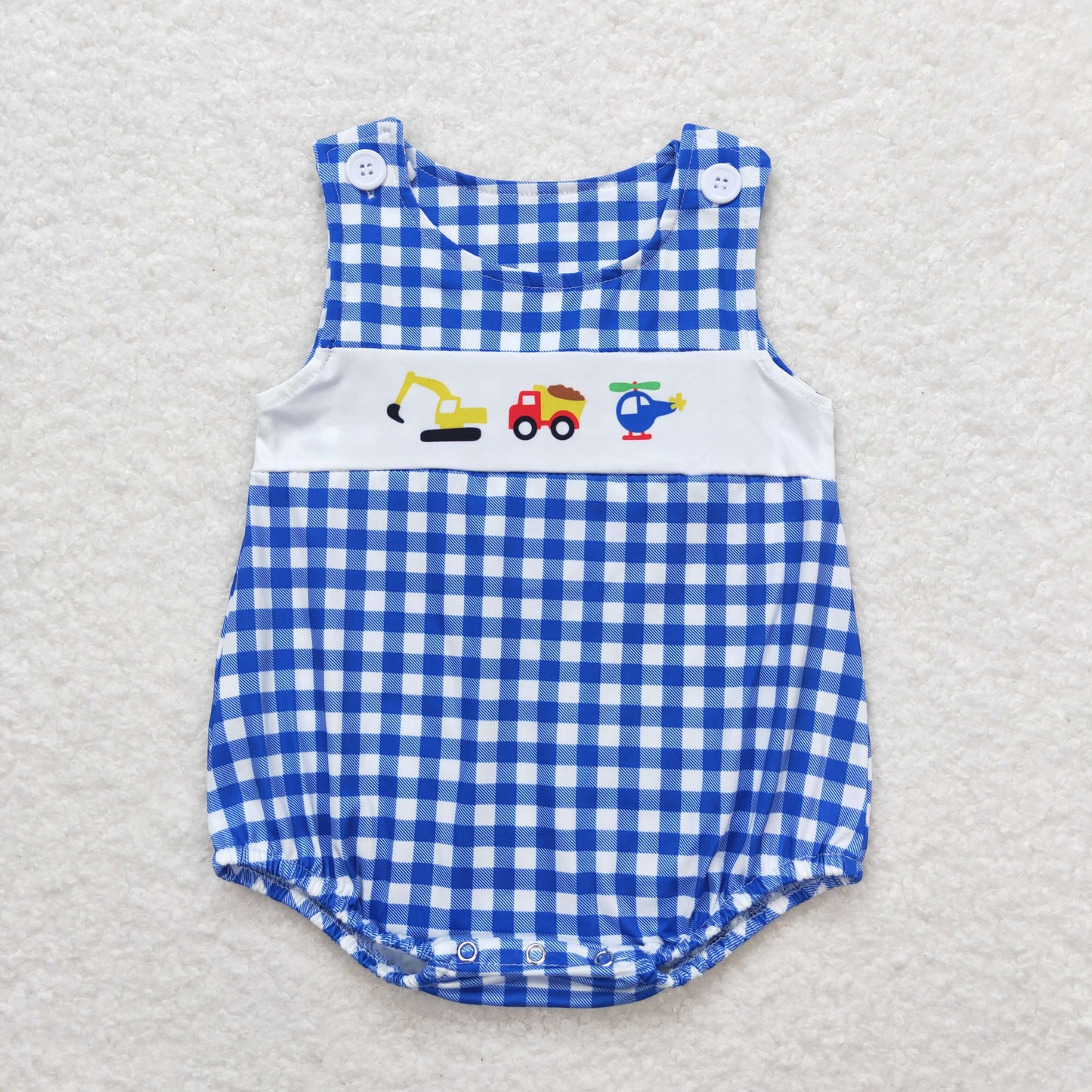RTS NO MOQ（In Stock) Engineering vehicle helicopter blue and white plaid vest jumpsuit