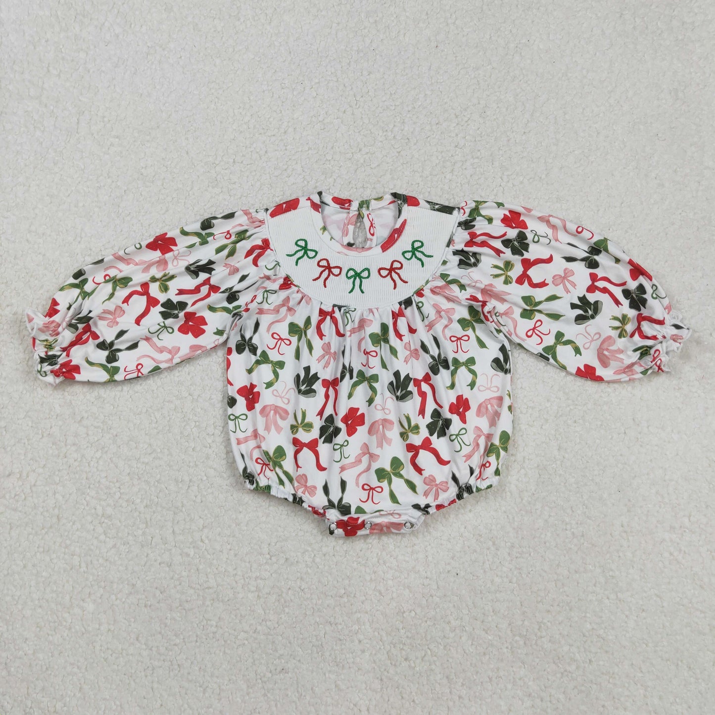RTS NO MOQ（In Stock) LR2185 Beige long-sleeved bodysuit with smocked embroidered Christmas bow pattern