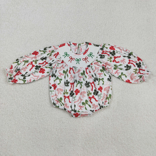 RTS NO MOQ（In Stock) LR2185 Beige long-sleeved bodysuit with smocked embroidered Christmas bow pattern