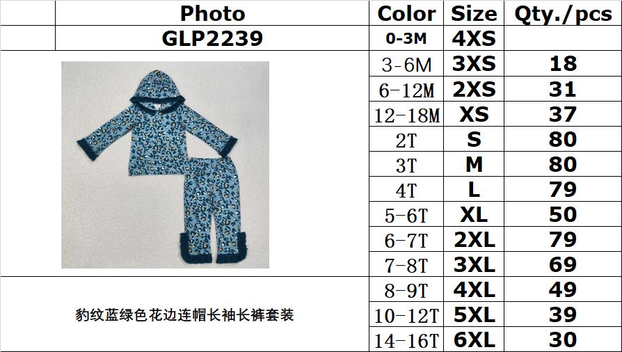 RTS NO MOQ ETA 5/7days Arrived GLP2239 Leopard blue green lace hooded long sleeve trousers suit