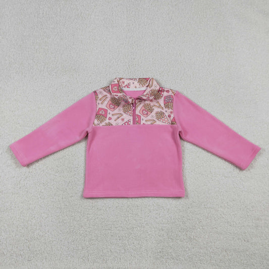 RTS NO MOQ（In Stock) fleece Pink Plush Zipper Long-Sleeve Top with Letter Fries and Heart Design