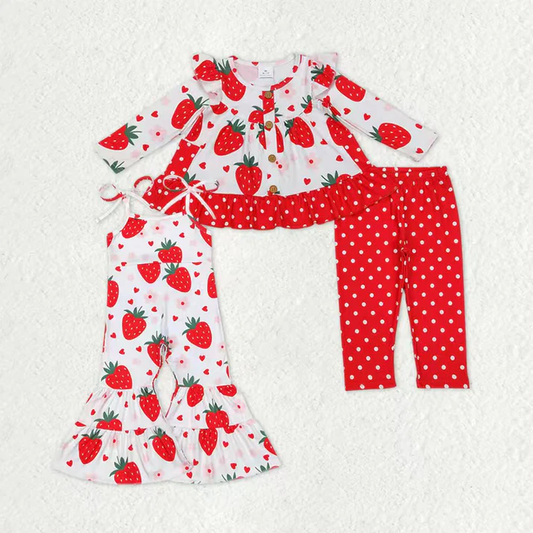 RTS NO MOQ Sibling Baby girl clothes strawberry Long Sleeve Pants Sets and jumpsuit
