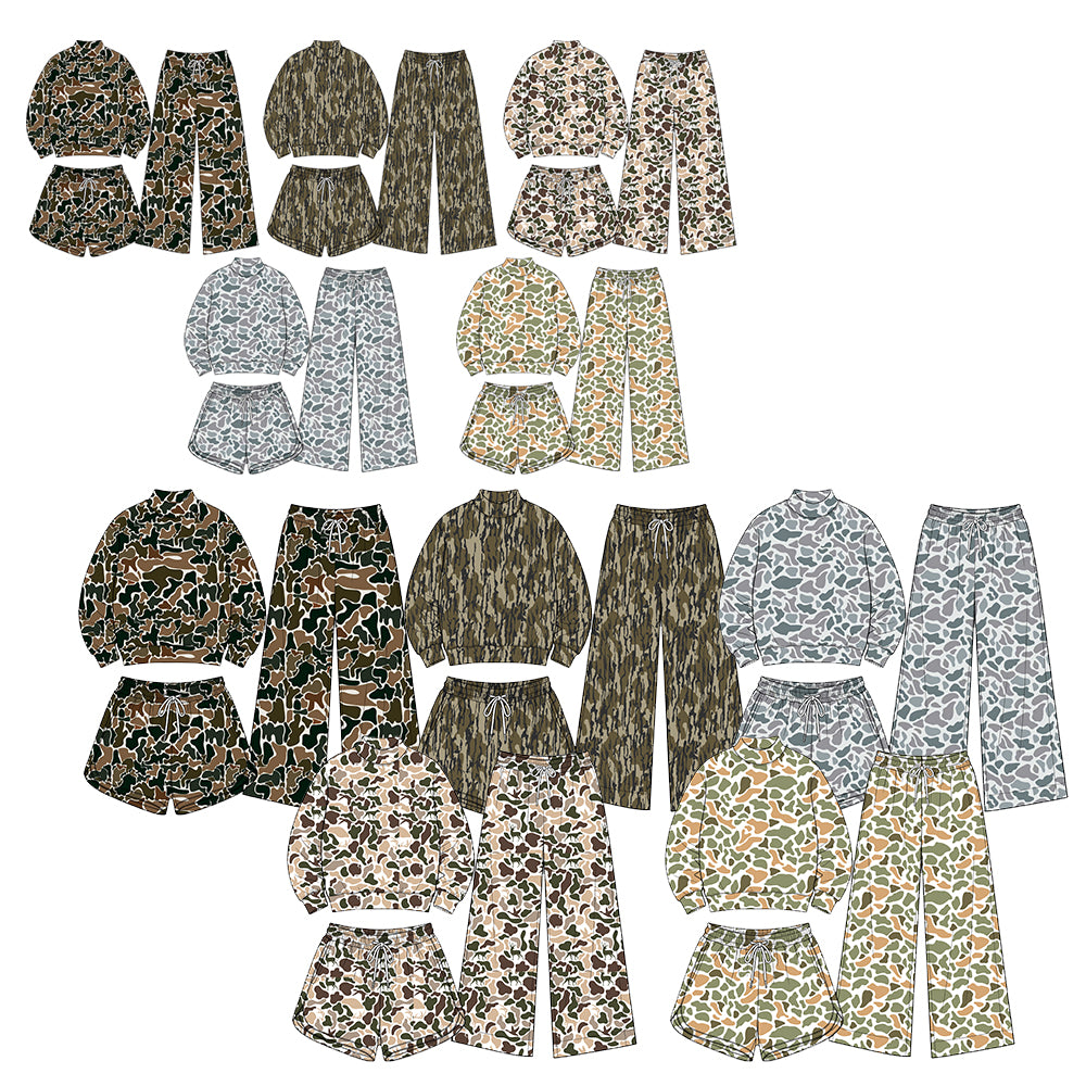 (Preorder new) No moq Baby Girls moq 5 Baby Girls Wood Camo Long Sleeve Top Pockets Shorts Yoga Active Clothes 3 piece Set