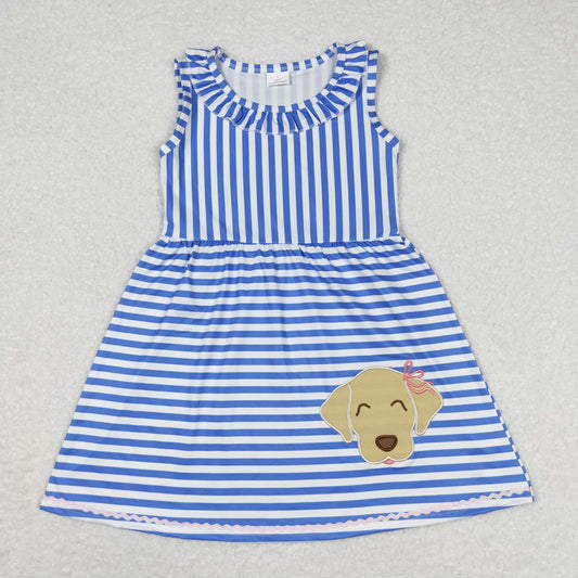 RTS NO MOQ（In Stock) Embroidered puppy blue striped lace sleeveless dress