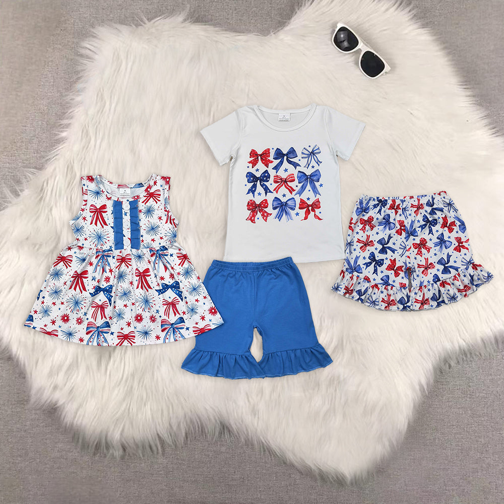 RTS NO MOQ girls clothes 4th of july bow short-sleeved shorts suit & short-sleeved sets