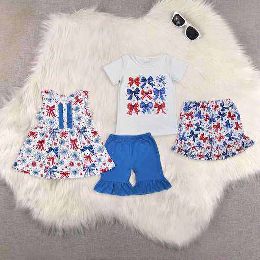RTS NO MOQ girls clothes 4th of july bow short-sleeved shorts suit & short-sleeved sets