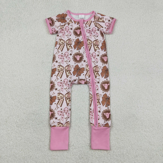 RTS NO MOQ（In Stock ) SR3763 Bull Head Star Bow Pattern Pink Zipper Short-Sleeve Jumpsuit