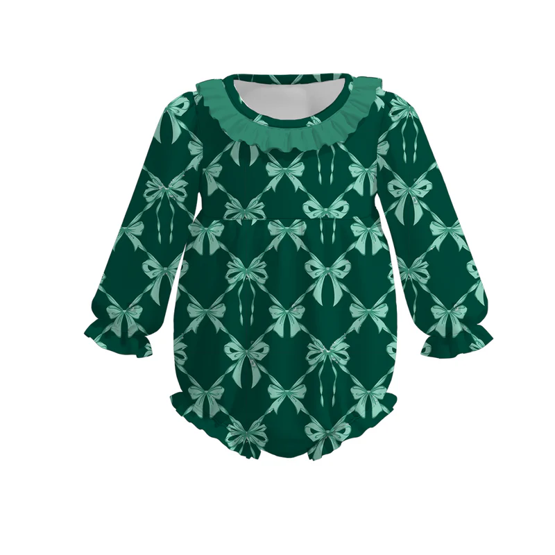 Custom moq 5 each style eta 6-7weeks baby girl bow green long sleeve pants set 1 and pants set 2 and dress and romper