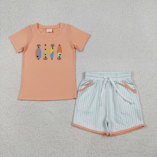 RTS NO MOQ（In Stock) Embroidered Fishing Hook Orange Short-Sleeve Vertical Striped Shorts Set