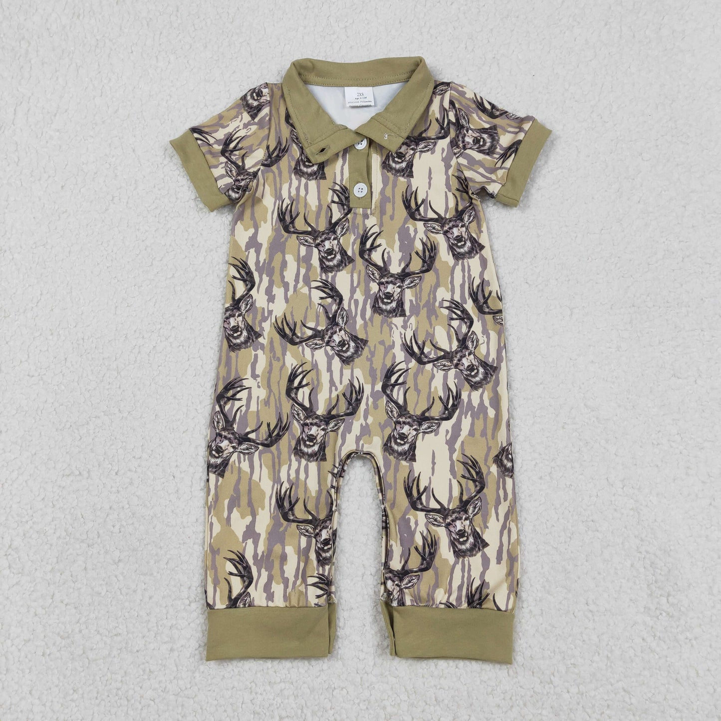 RTS NO MOQ（In Stock ) SR3635 Green Camouflage Button-Down Short-Sleeve Jumpsuit with Reindeer Bow Pattern