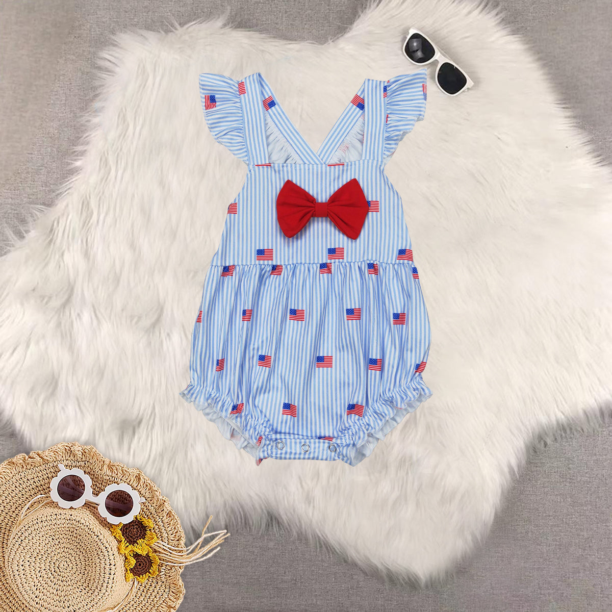 RTS 4th of july embroidery flag Short Sleeve Shorts Set romper
