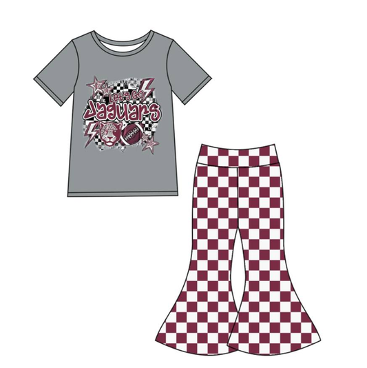 Custom summer teams baby girl clothes team brick red plaid short sleeve pants sets-25.8.22