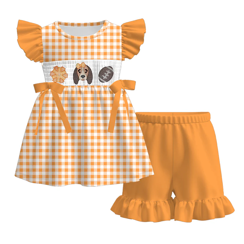 Custom summer teams baby girls clothes team orange short sleeve shorts sets dress romper-25.7.15
