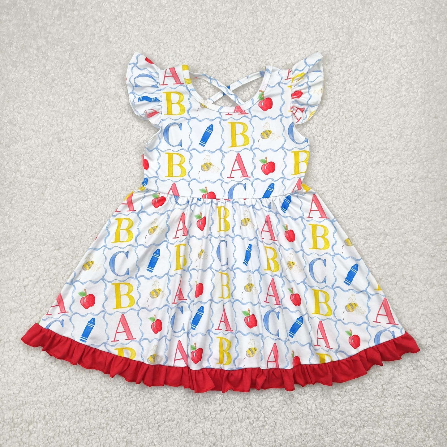 RTS NO MOQ GSD2258 ABC pencil apple plaid red and white flying sleeve dress