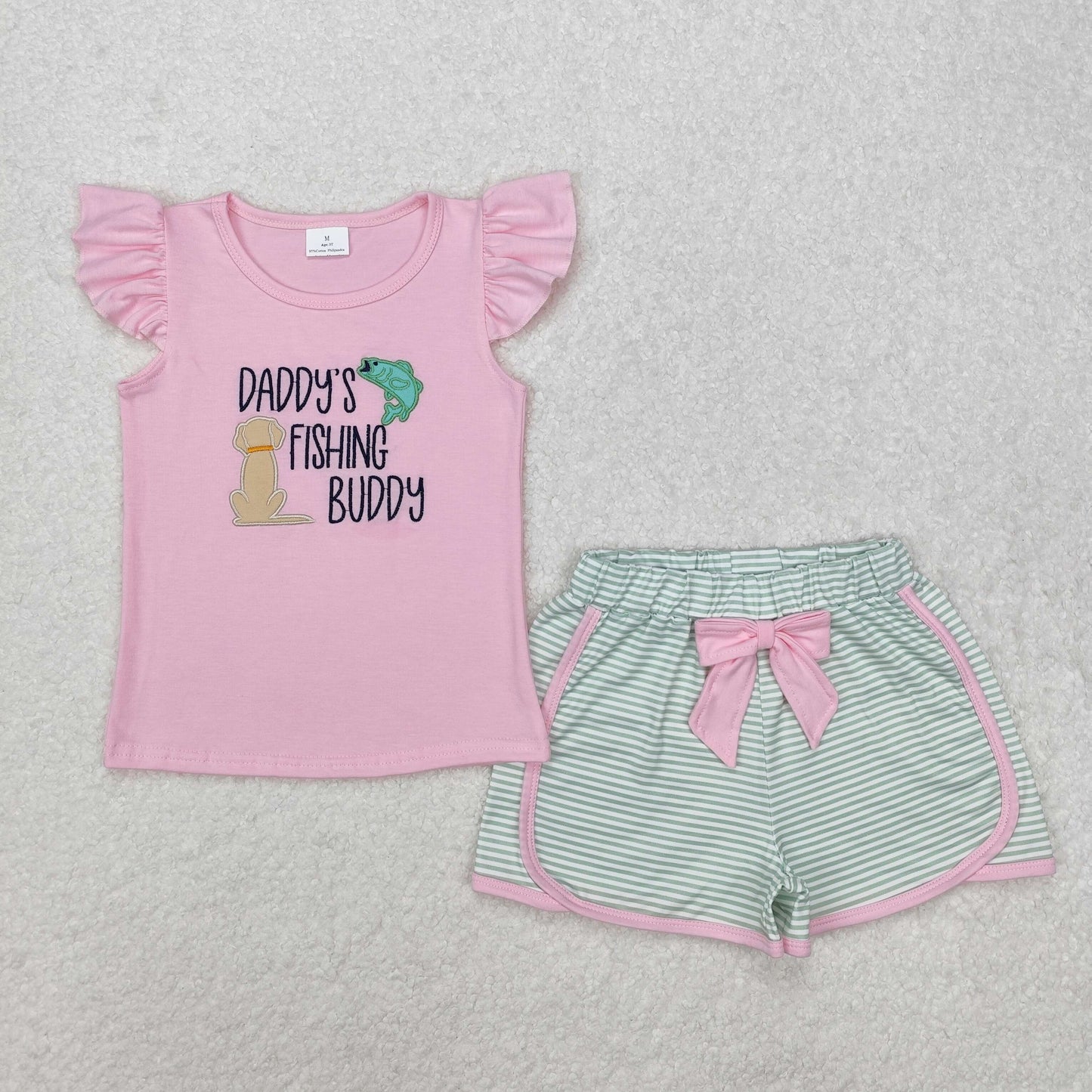 RTS NO MOQ（In Stock) Embroidered daddy's fishing buddy fish puppy pink flying sleeve stripes shorts set