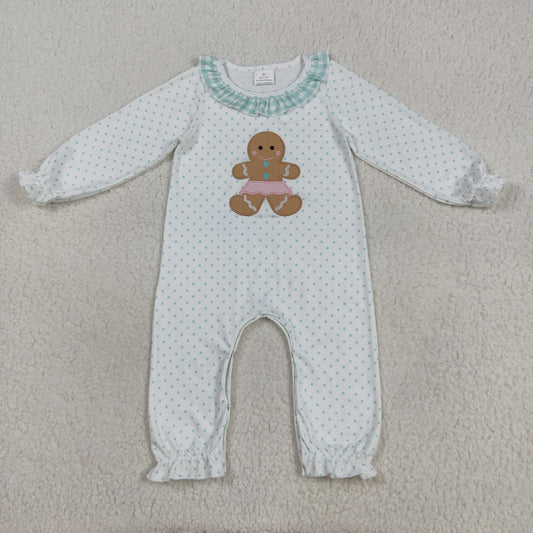 RTS NO MOQ（In Stock ) LR2341 Embroidered gingerbread man green plaid polka dot white long-sleeved jumpsuit
