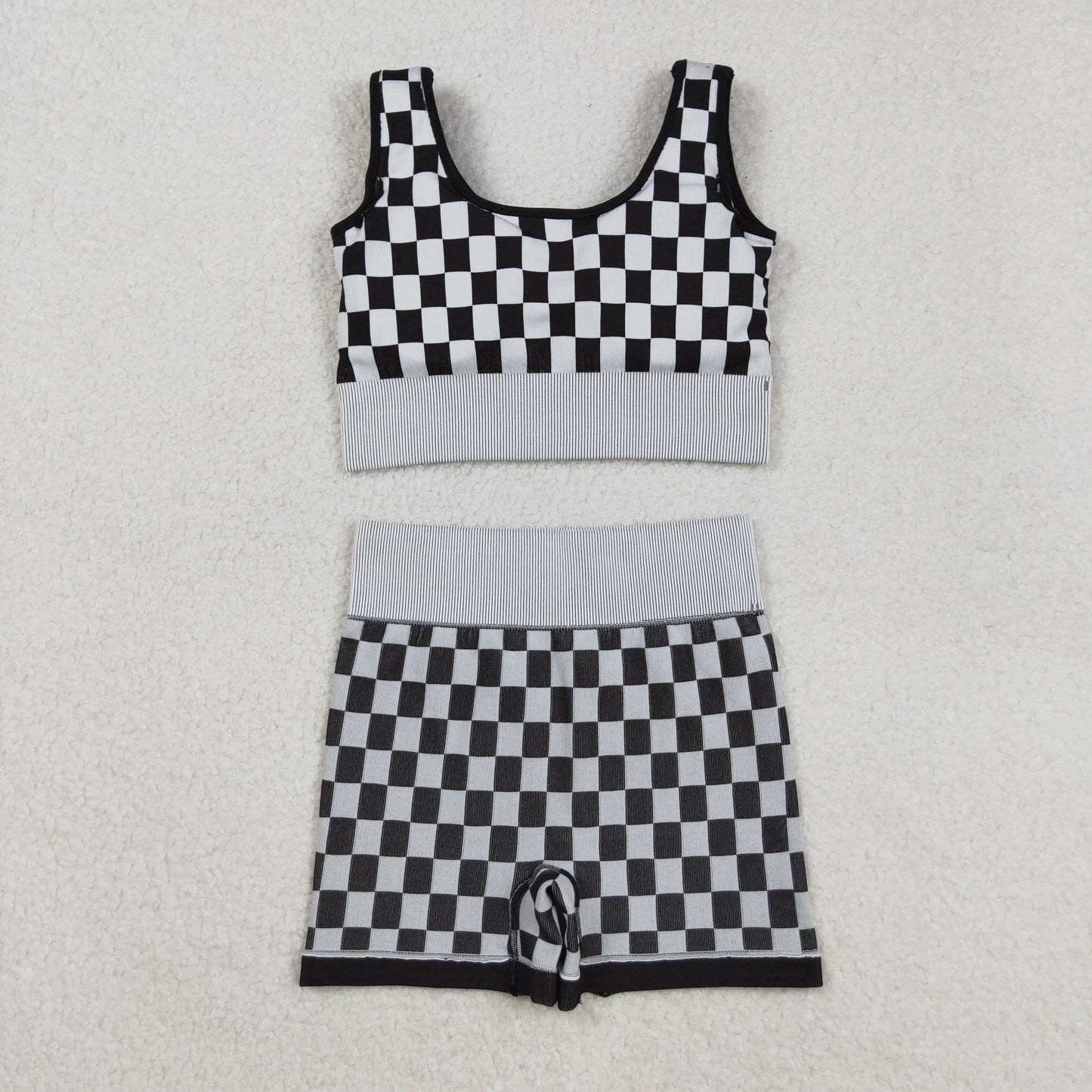 RTS NO MOQ Sibling Adult Women's Black and White Checkered Tank Top and shorts and set