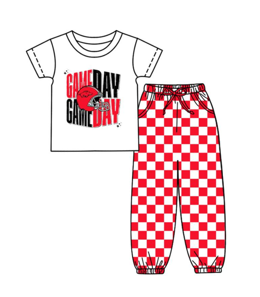 Custom summer teams baby boy clothes team GAME DAY red plaid short sleeve pants sets-25.8.22