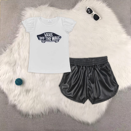 RTS NO MOQ ETA 5/7days Arrived GT0479+SS0413 skateboard short-sleeved white top Glossy leather black shorts sets