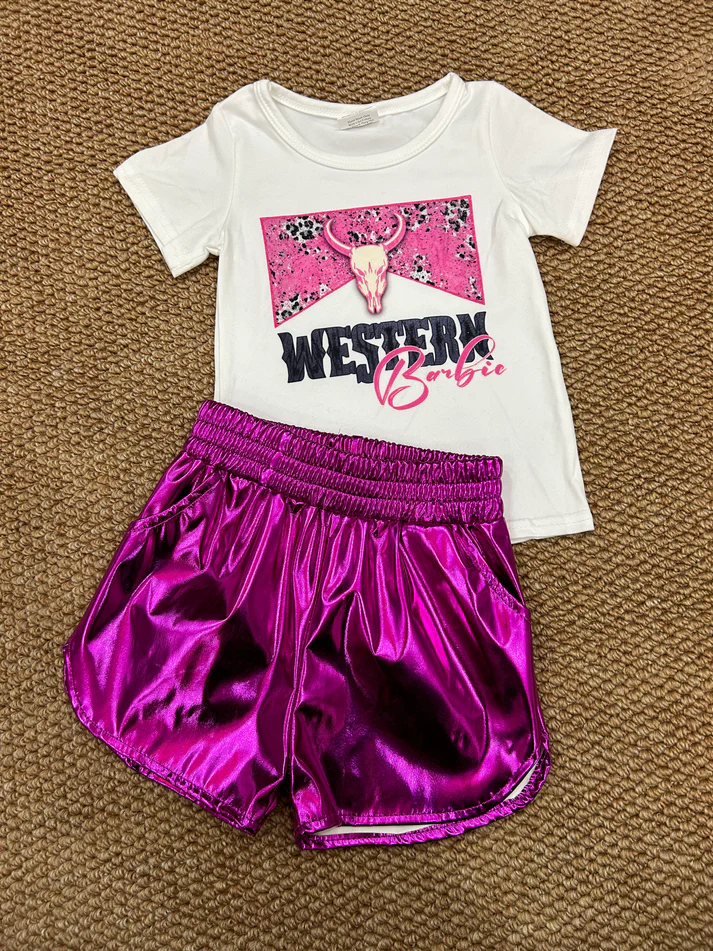 RTS NO MOQ ETA 5/7days Arrived GT0134+SS0412 Girls WESTERN pink bull head white short-sleeved top Shiny leather dark purple shorts