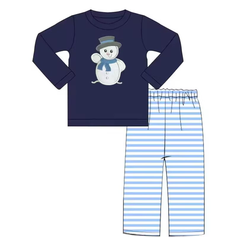 Custom moq 3 eta 6-8weeks Embroidered Snowman Navy Blue Top-Light Blue Striped Pants Set