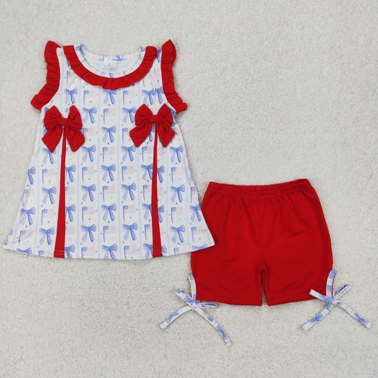 RTS NO MOQ ETA 5/7days Arrived GSSO2373 National Day Bow Pattern Red Lace Stripe Sleeveless Shorts Set