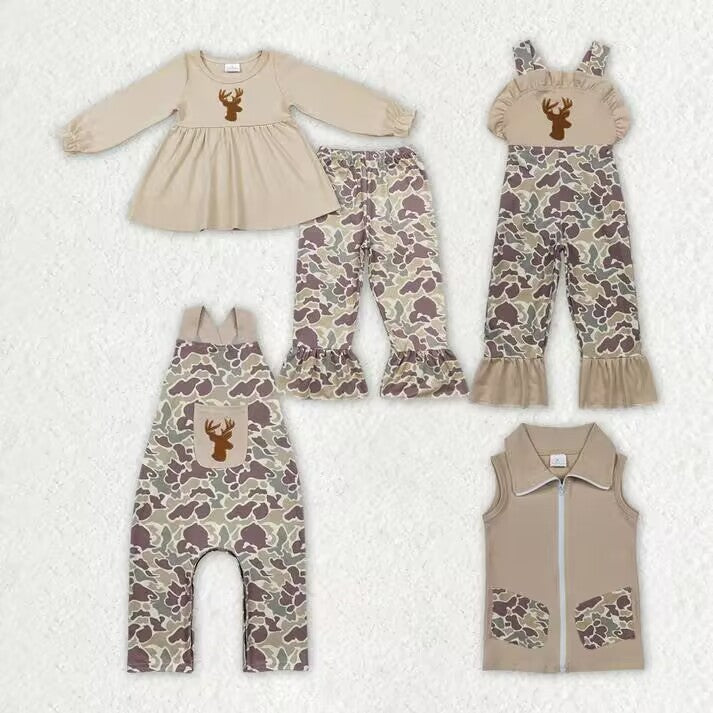 RTS NO MOQ Brown embroidered elk pattern long-sleeved suit & overalls & sleeveless romper & sleeveless zip-up vest