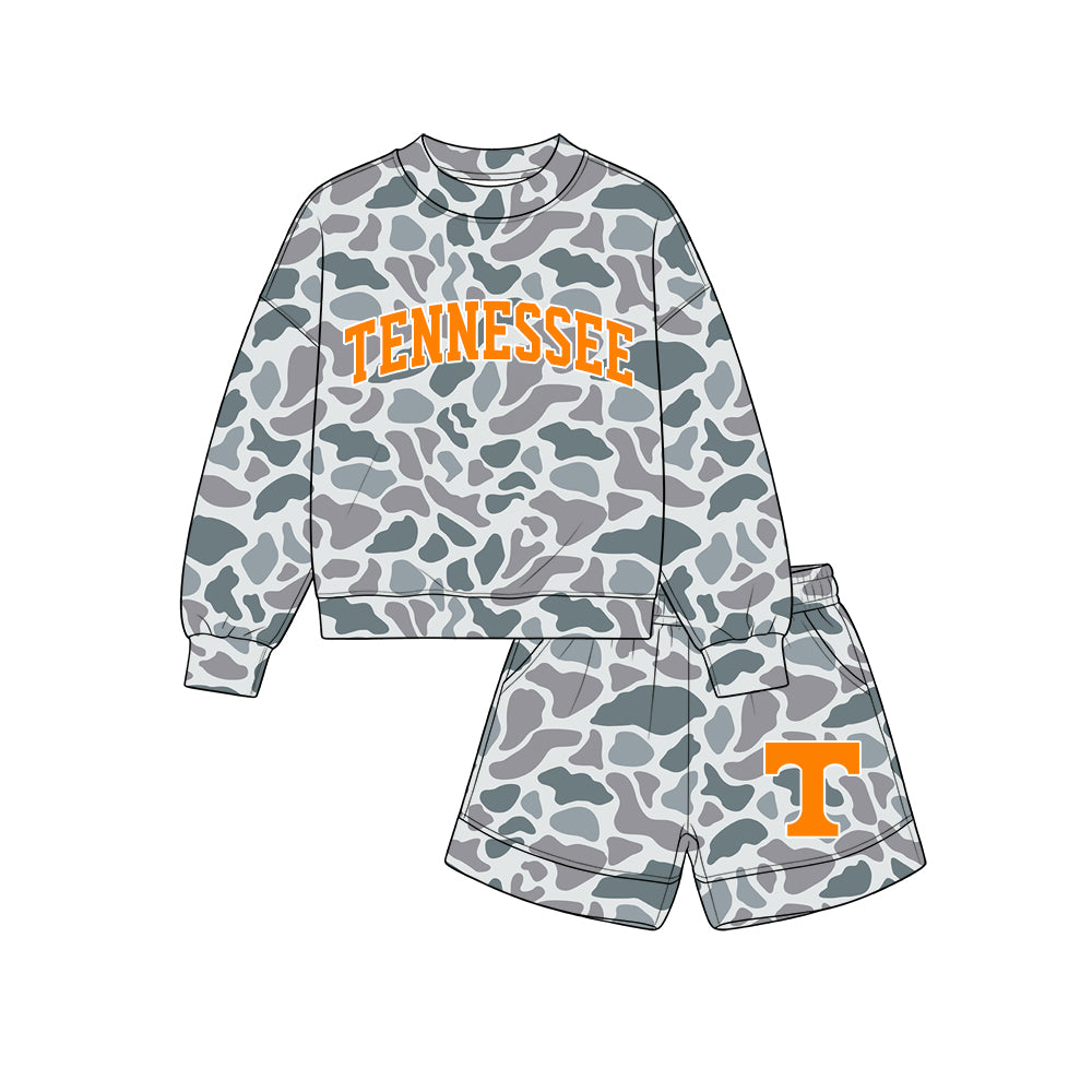 custom moq 5 mix size BYSON0101 Baby Kids Letter Camo Print Long Sleeve Crewneck Sweatshirt And Pocket Short Team Set