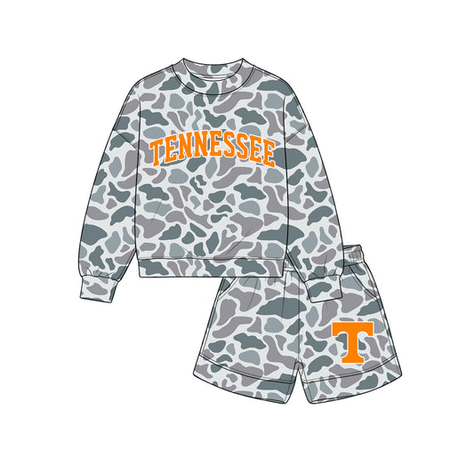 custom moq 5 mix size BYSON0101 Baby Kids Letter Camo Print Long Sleeve Crewneck Sweatshirt And Pocket Short Team Set