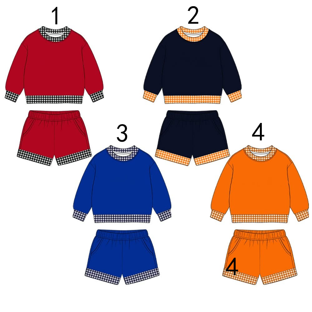 custom moq 5 mix size Baby Kids Crew Neck Sweatshirt With Gingham Trim And Elastic Waist Red Shorts Set