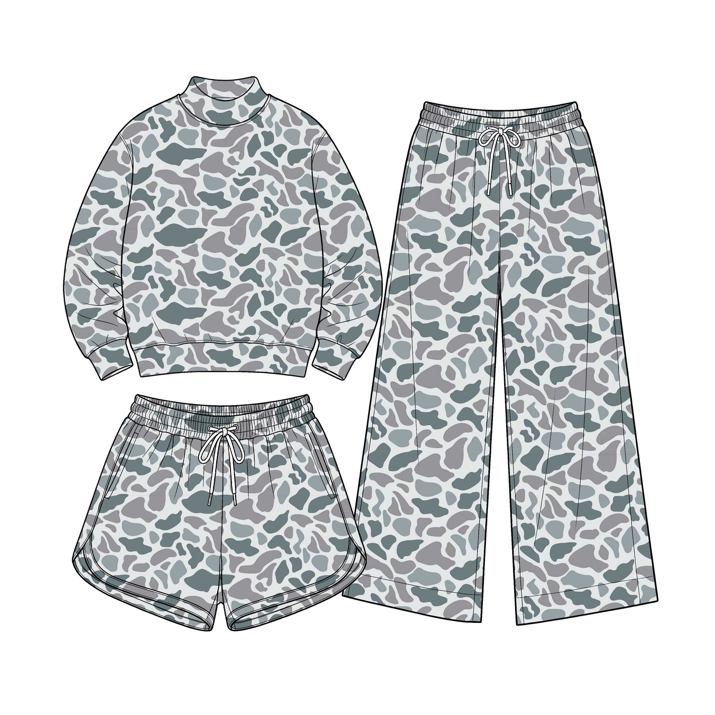 (Preorder new) No moq Baby Girls moq 5 Baby Girls Wood Camo Long Sleeve Top Pockets Shorts Yoga Active Clothes 3 piece Set