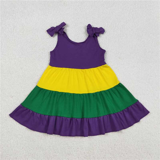 RTS NO MOQ（In Stock ) Mardi Gras Green Yellow Purple Patchwork Bow Dress