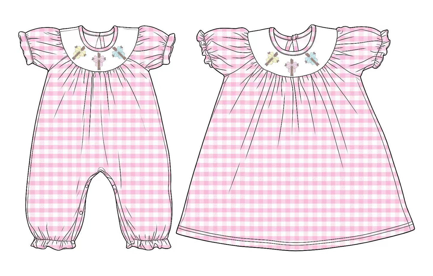 (Preorder new) No moq milk silk Smocked embroidery checkered short sleeve romper dress