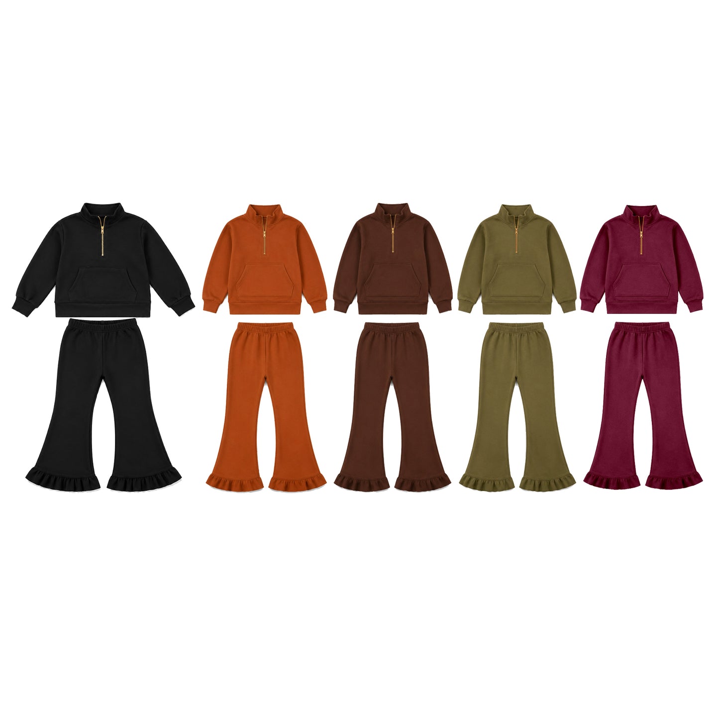 (Preorder new) No moq Baby Girls Long Sleeve Zip Pockets Top Flare Ruffle Pant Clothes Set