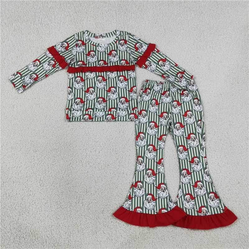 Baby Girls Christmas Santa Ruffle Set Collection - Green Stripe Flare Pants & Red Plaid Pockets