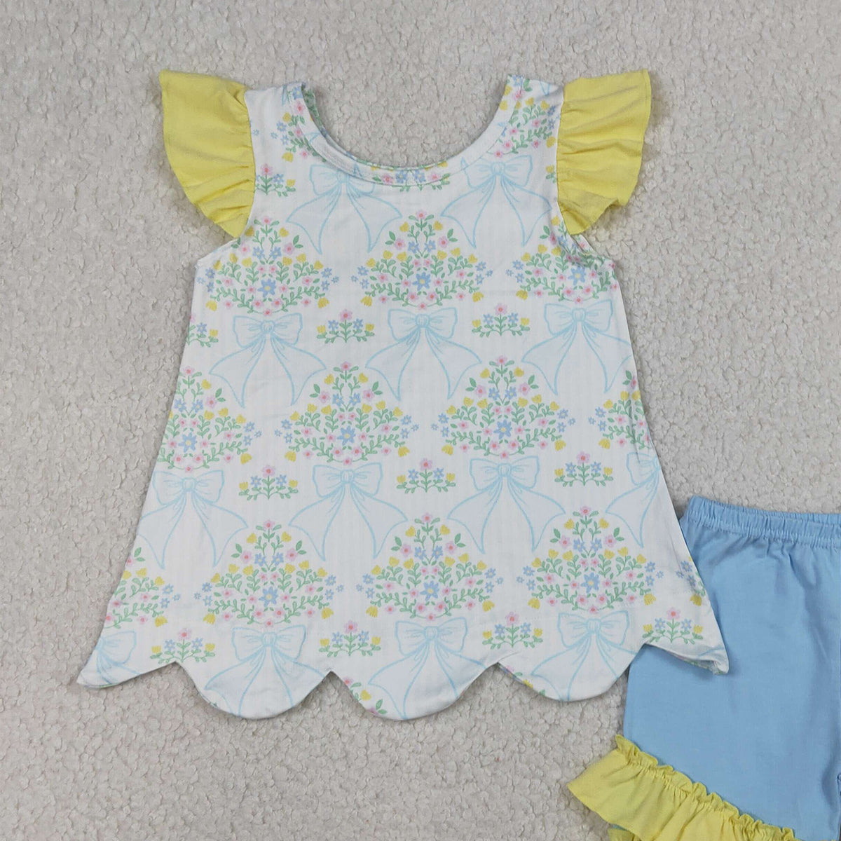 RTS NO MOQ GSSO2767 Baby Girls Bow Flowers Checked Scallop Tunic Ruffle Shorts Outfit Set Cute Clothing