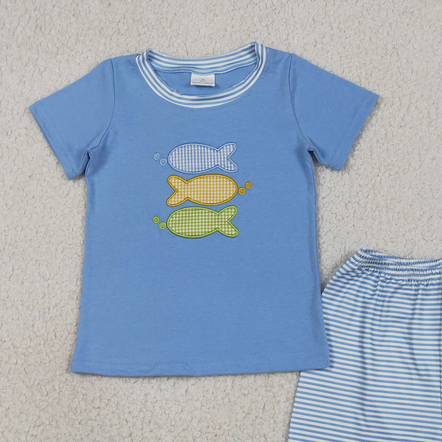 RTS NO MOQ BSSO1905 milk silk Baby Boys Cute Fish Embroidery Top Stripe Shorts Set