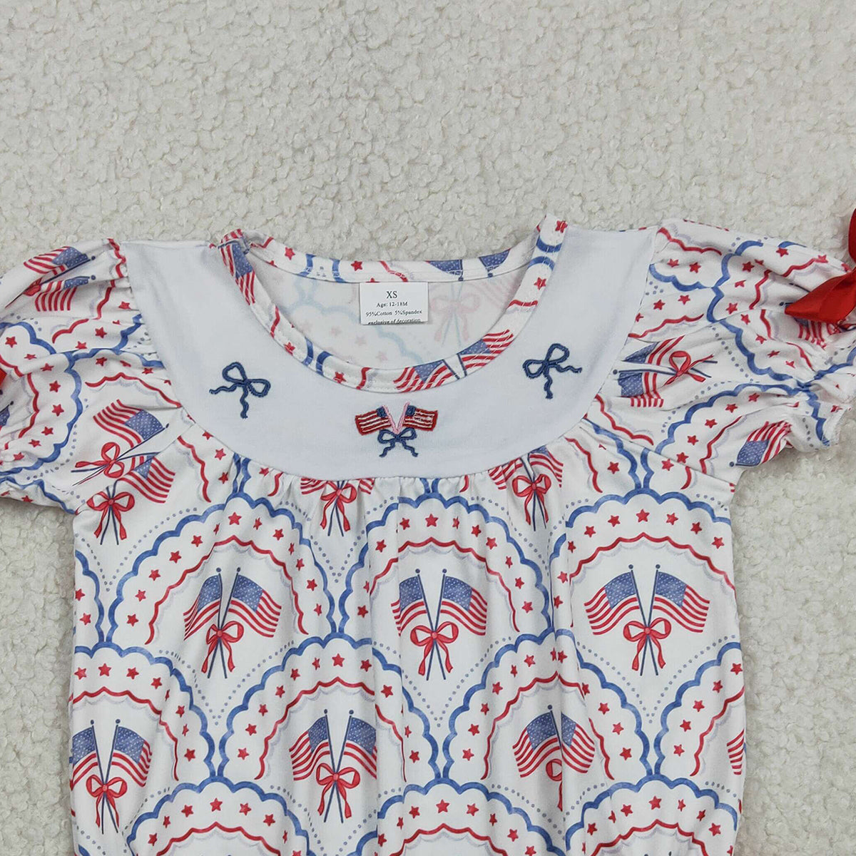 RTS NO MOQ SR3887 Embroidered Baby Girls Bows Flags Ruffle Rompers Checked 4th of July Outfit for Girls