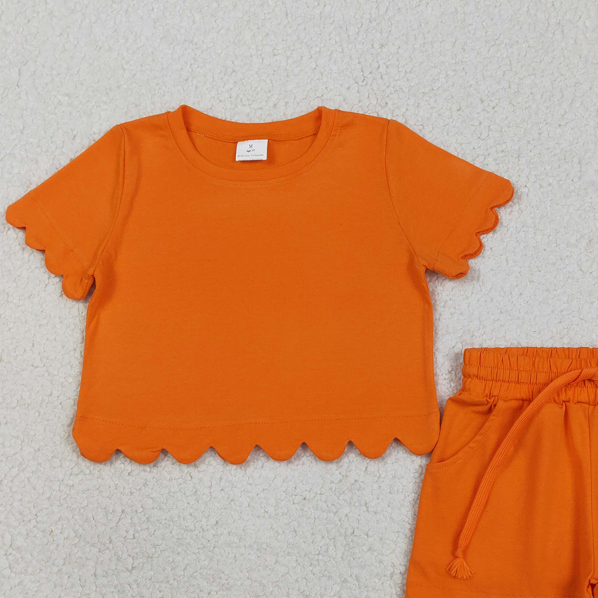 RTS NO MOQ GSSO3178 Baby Girls Orange Shirt Top with Scallop Trim And Short Orange Shorts Outfit Set for Spring Summer
