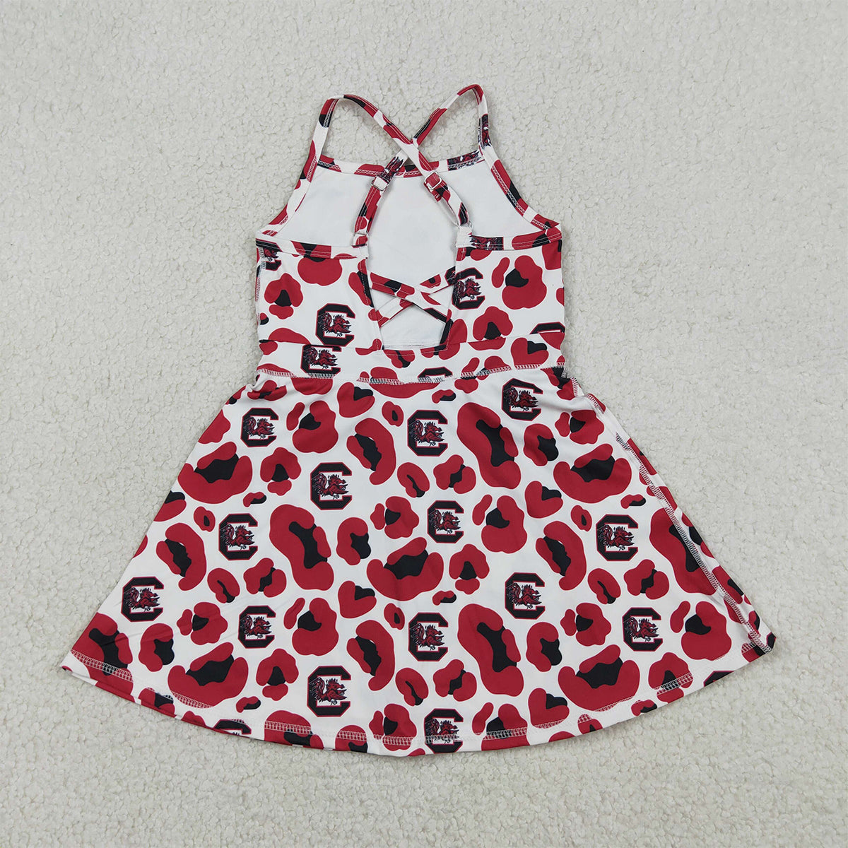 RTS NO MOQ GSD3633 Baby Girls Red Leopard Team Yoga Active Shorts with Strap Knee-Length Dress for Toddlers