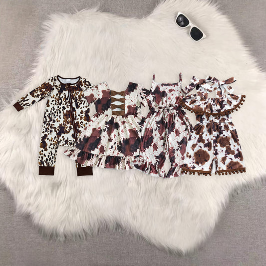 RTS NO MOQ Sibling baby girl clothes cow pattern dress jumpsuit rompers