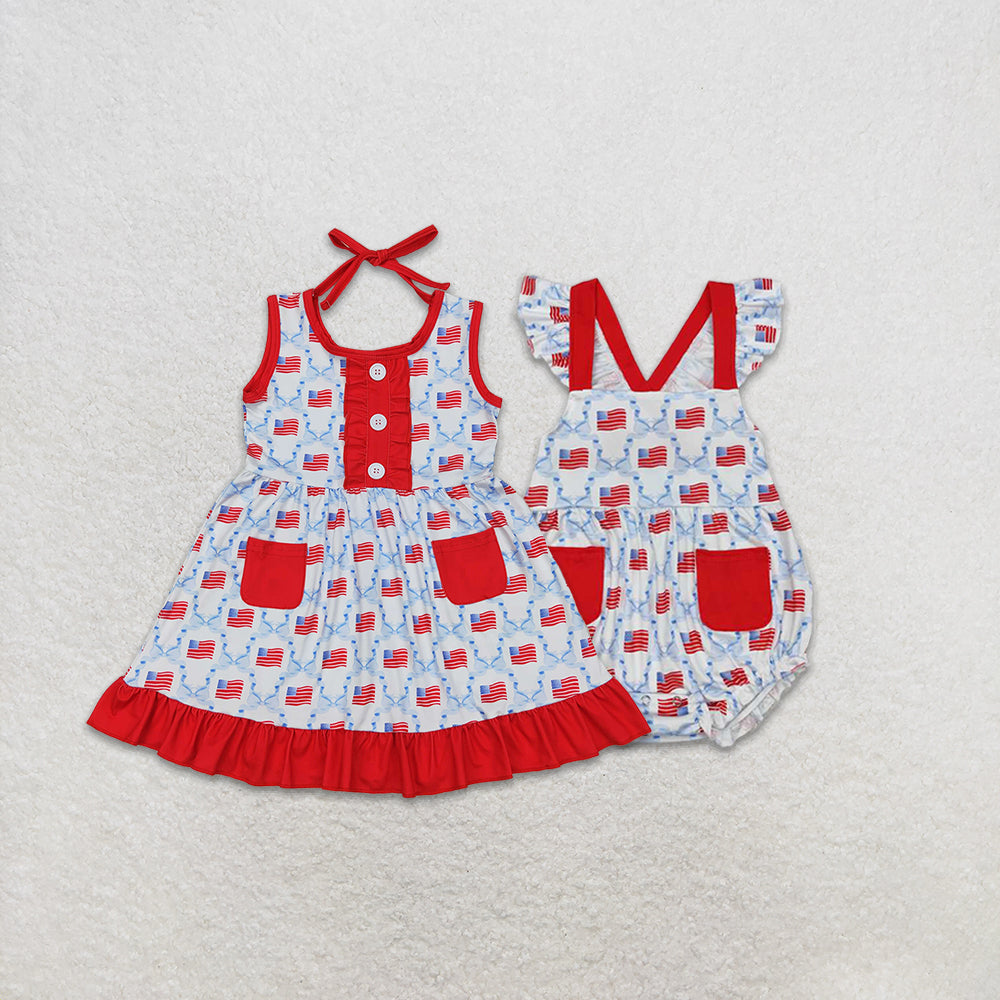 RTS NO MOQ baby girl clothes 4th of july flying-sleeved romper dress