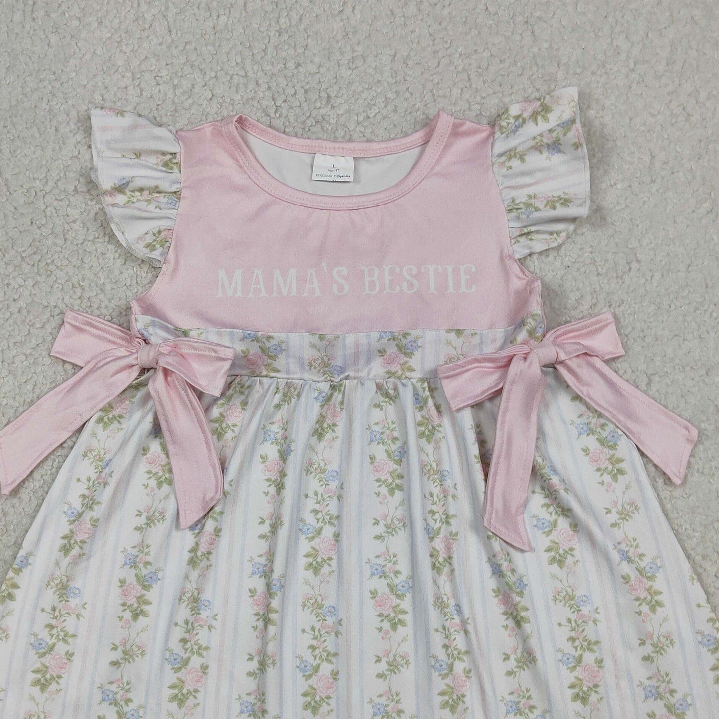 RTS NO MOQ milk silk GSD2973 Toddler Girls Mama's Bestie Floral Stripe Scallop Knee Length Dresses