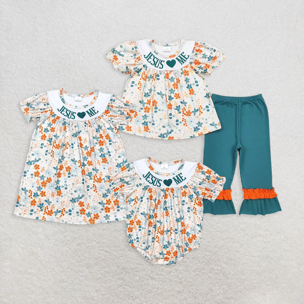 RTS baby girls clothes embroidery Short Sleeve pants sets dress romper