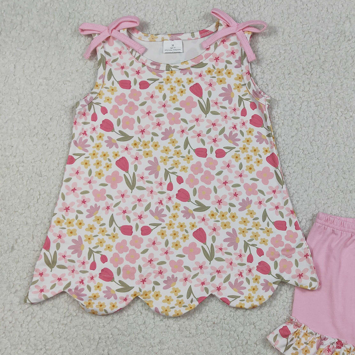 RTS NO MOQ GSSO3389 Baby Girls Colorful Flowers Scallop Tunic Ruffle Shorts Outfit Set Cute Baby Girl Clothing Set